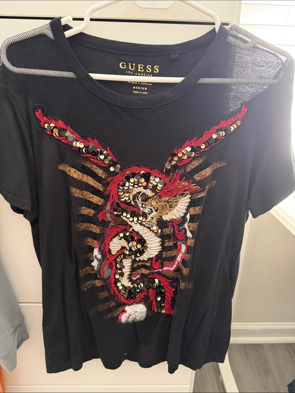 Guess Black Tee with Red and Gold Embroidered Dragon
